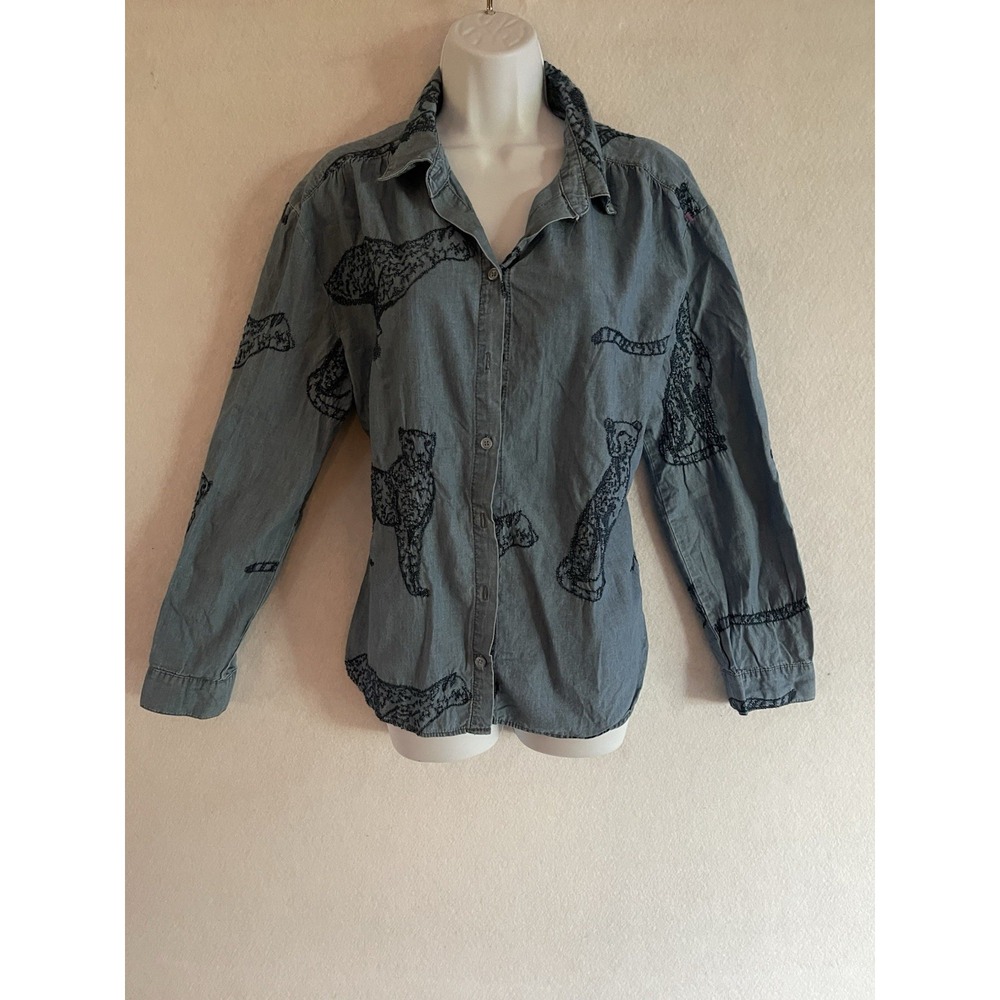 Jane + Delancey Indie Whimsical Wild Cat Cheetah Jean Shirt L Retro Safari Chic